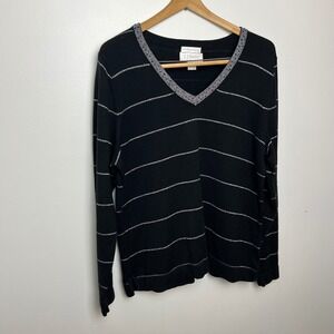 CJ Banks Women's‎ Black Silver Stripe V-Neck Long Sleeve Sweater Top XL